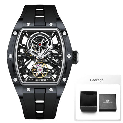 MINI FOCUS Herren-Armbanduhr, modisch, schwarz, wasserdicht, automatische mechanische Uhr mit Leuchtzeigern, Silikonarmband und Tonneau-Zifferblatt