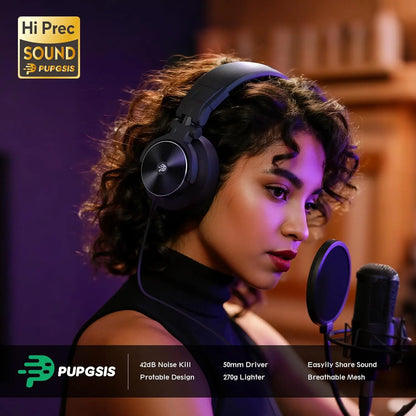 PUPGSIS Studio Monitor Headphones Wired Over Ear DJ Headphones with Microphone, 50mm Driver Hi-Res Audio, Professional Recording Headset