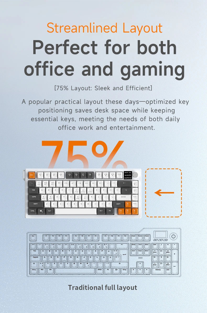 AJAZZ AF82 Low-Profile Electrostatic Keyboard 4000mAh Tri-Mode 75% Type-C Display Screen Keyboard Office Gaming E-sport