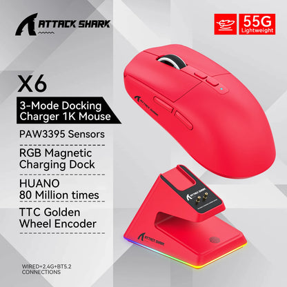 Attack Shark X6 Lightweight Wireless Gaming Mouse with 3 Mode Up to 26K DPI RGB Backlight Charging Base for Laptop Desktop