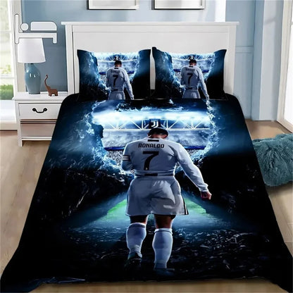 Copripiumino 3D calcio CR7, set biancheria da letto morbido con copripiumino e 1/2 federe per cuscino, per bambini e adulti, copertura in microfibra