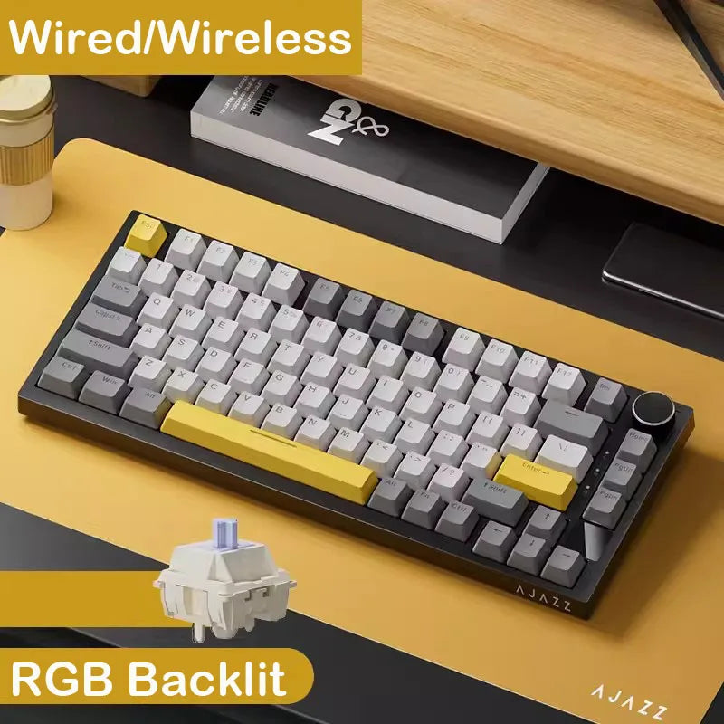 Teclado Gaming Mecânico AJAZZ AK820 Pro com Fio e Sem Fio, Tri-Mode, Retroiluminação RGB, Switches Hot-Swappable, Layout Compacto 70%, PC/Mac