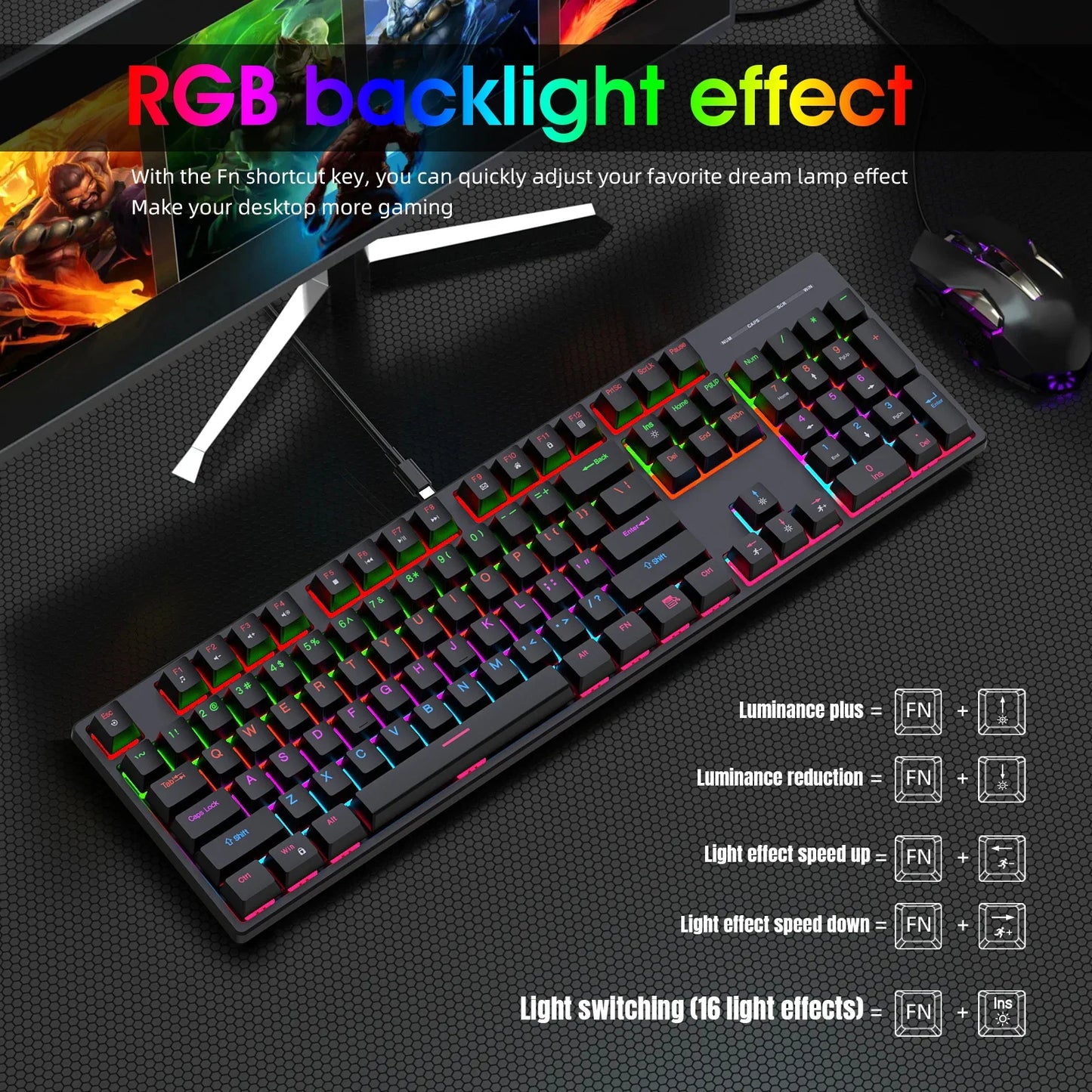 Wired Gaming Keyboard Cool Light Backlit Waterproof Gaming Keyboard Full Size 104 Key Mechanical Feel Keyboard for PC Gamer