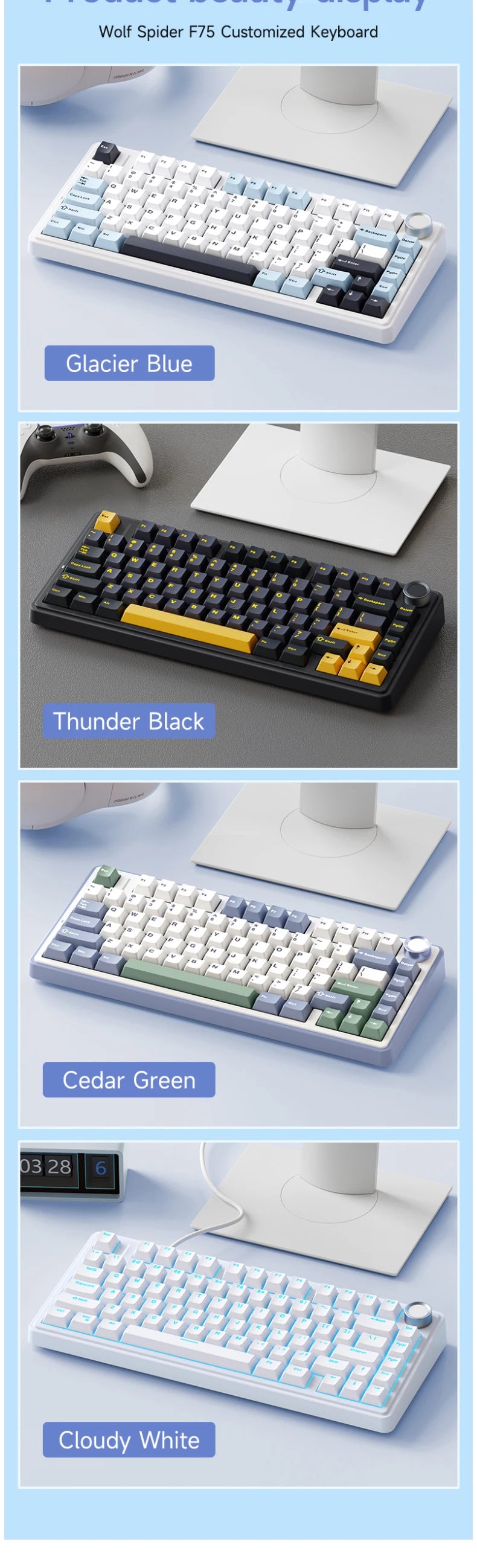Original AULA F75 RGB LED Light PC Custom Bluetooth Wireless 2.4G Type-C Wired Gaming Mechanical Switch 75% Keyboard 82 Keys wit