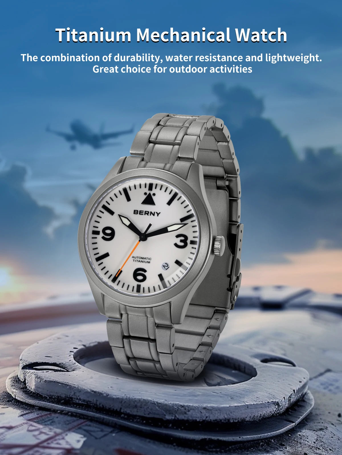 BERNY Aviation Top Titanium Mechanical Men Watch Sapphire AR Coating Supper Luminous 10Bar Sport Watch Titanium Aviation Watches