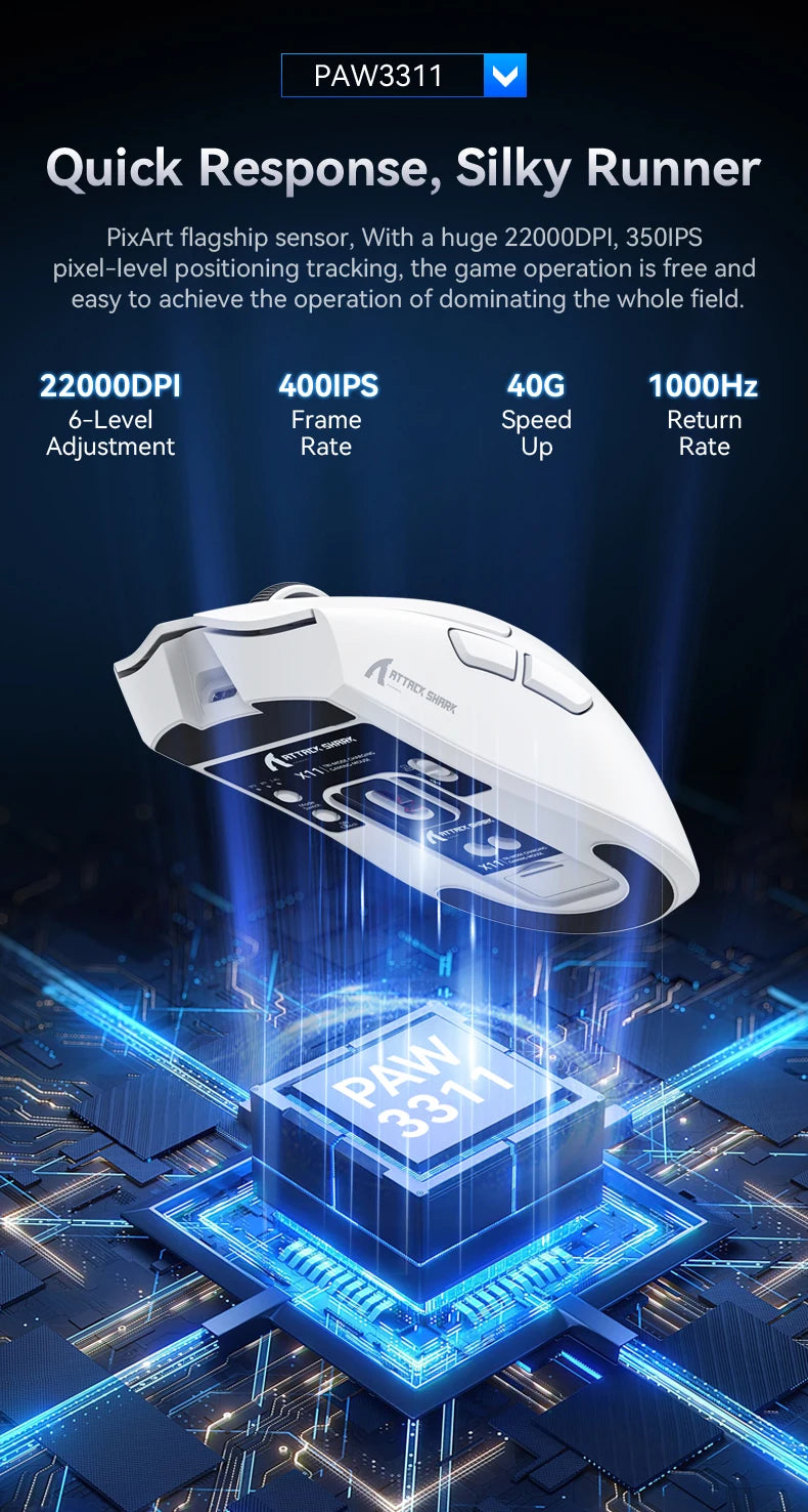 X11 Attack Shark Gaming Mouse Wireless 1K Hz PAW3311 Macro Magnetic RGB Docking Charger for Gaming