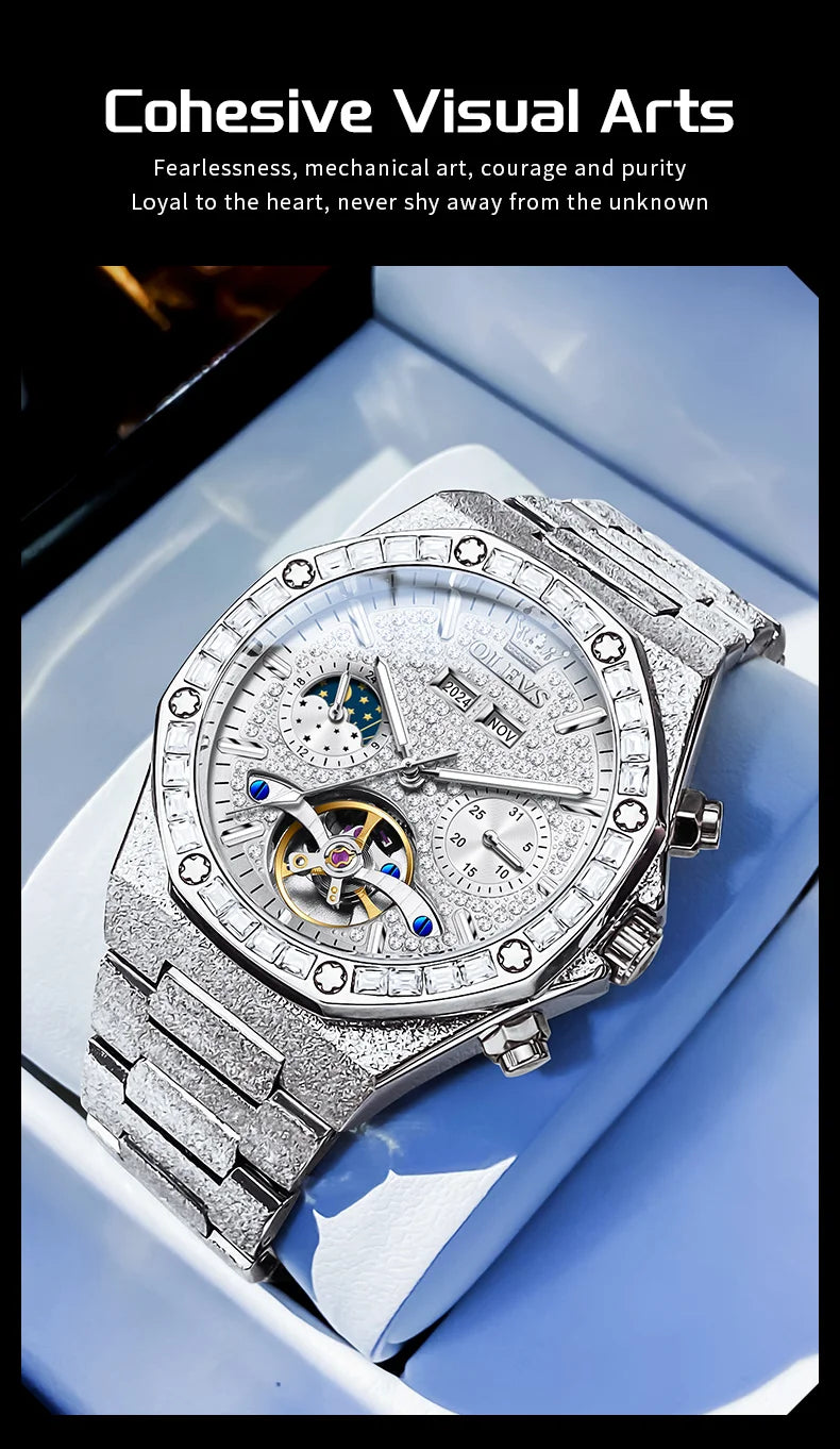 OLEVS Gold Steel Mens Watches Top Brand Automatic Mechanical Luxury Watch Sport Waterproof Tourbillon Wrist Watch Reloj Hombre