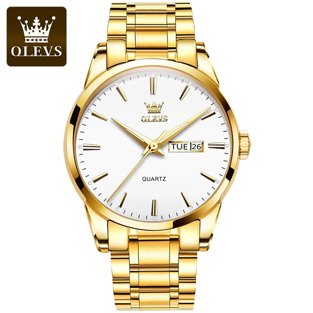 OLEVS Classic Gold Wrist Watches For Top Brand Luxury Business Date Waterproof Luminous Stainless Steel Men Quartz Wristwatch