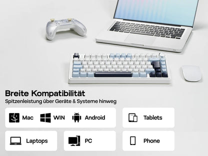 Teclado mecânico sem fios EPOMAKER x AULA F75 ISO-DE com conectividade tri-modo, layout alemão QWERTZ e bateria de 4000 mAh