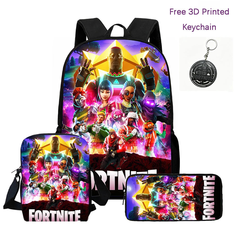 3-teiliges Kinder-Rucksack-Set, Umhängetasche & Federmäppchen, FORTNITE-Cartoon-Tasche, leicht, für Jungen und Mädchen von 6-10, kostenloser 3D-gedruckter Schlüsselanhänger