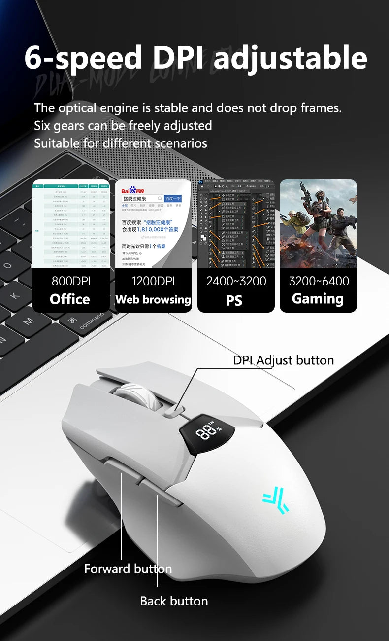 Warvank SX01 kabellose Gaming-Maus mit Smart-Screen-Display, 6-stufiger DPI-Einstellung, 600mAh Akku, leise Bluetooth-Maus fürs Büro