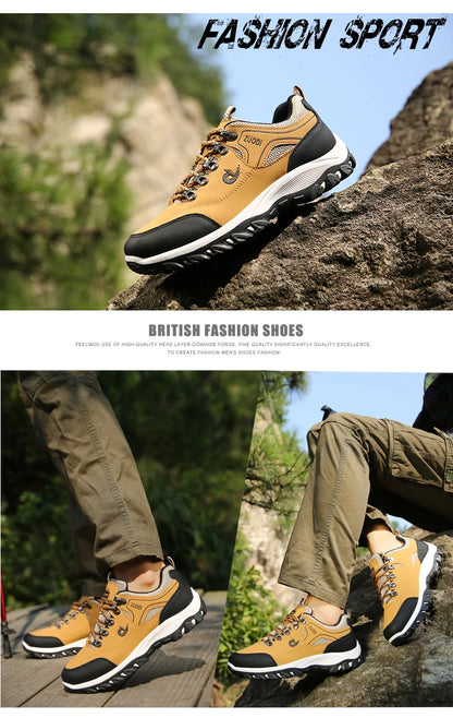 Autumn and Winter Men's Waterproof Hiking Shoes, Outdoor PU Leather Sports Shoes, Wear-Resistant, Walking, Tactical