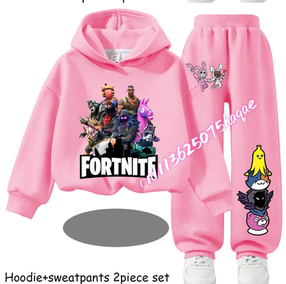 Fortnite-bedruckte Kinder-Hoodies, Cartoon-Design, bequemes 2-teiliges Set, locker sitzende Langarm-Oberteile mit Hose, Herbst-/Winterkleidung, Geschenk