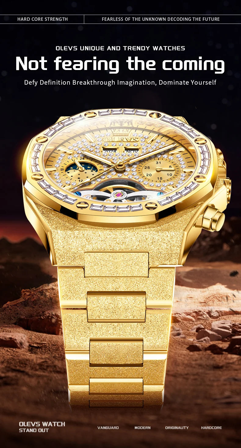 OLEVS Gold Steel Mens Watches Top Brand Automatic Mechanical Luxury Watch Sport Waterproof Tourbillon Wrist Watch Reloj Hombre