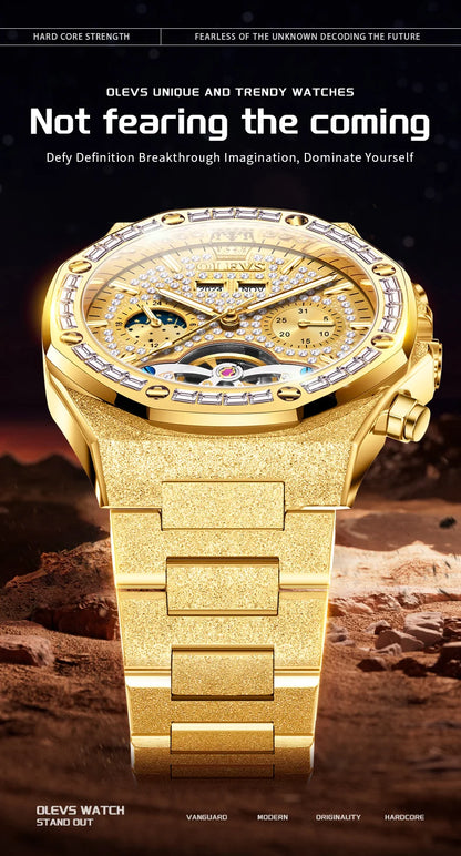 OLEVS Gold Steel Mens Watches Top Brand Automatic Mechanical Luxury Watch Sport Waterproof Tourbillon Wrist Watch Reloj Hombre
