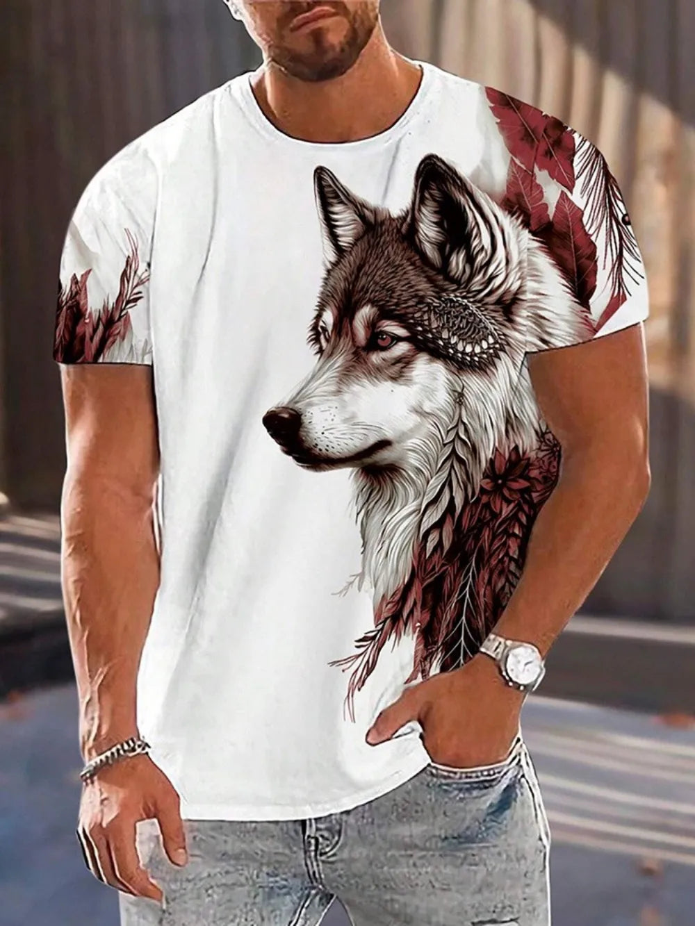 Fashionable Summer Men's Dominant Wolf Print Pattern Breathable Round Neck T-shirt Outdoor High Street Casual Top