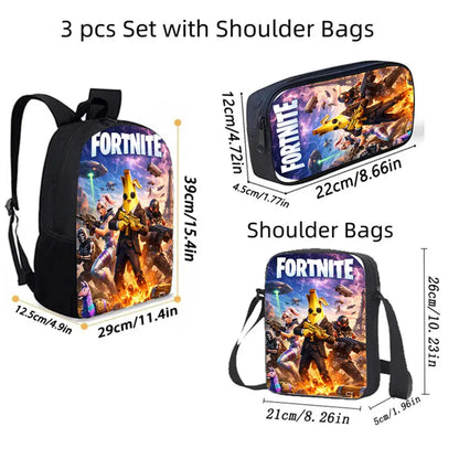3-teiliges Kinder-Rucksack-Set, Umhängetasche & Federmäppchen, FORTNITE-Cartoon-Tasche, leicht, für Jungen und Mädchen von 6-10, kostenloser 3D-gedruckter Schlüsselanhänger