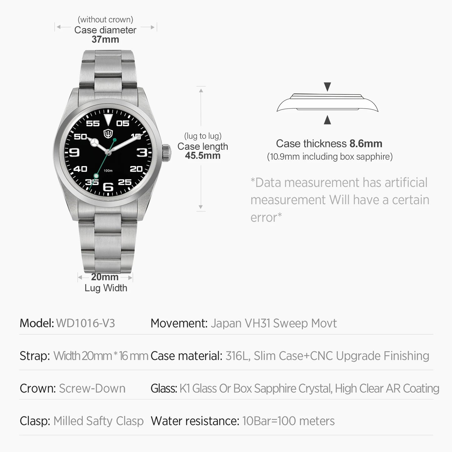 Watchdives WD1016 V3 37mm Uhr mit VH31 Sweep-Uhrwerk, Edelstahlgehäuse, luxuriösem Saphirglas, 100m wasserdicht, Herrenuhr mit Box, ideales Geschenk
