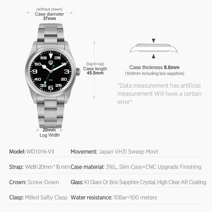 Watchdives WD1016 V3 37mm Uhr mit VH31 Sweep-Uhrwerk, Edelstahlgehäuse, luxuriösem Saphirglas, 100m wasserdicht, Herrenuhr mit Box, ideales Geschenk