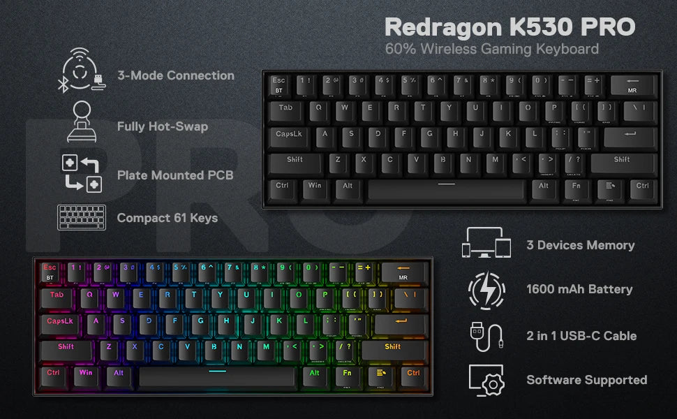 Redragon K530 Pro Draconic 61 Keys 60% Wireless RGB 100% Hot-Swap Socket Mechanical Keyboard Bluetooth/2.4Ghz/Wired 3-Mode