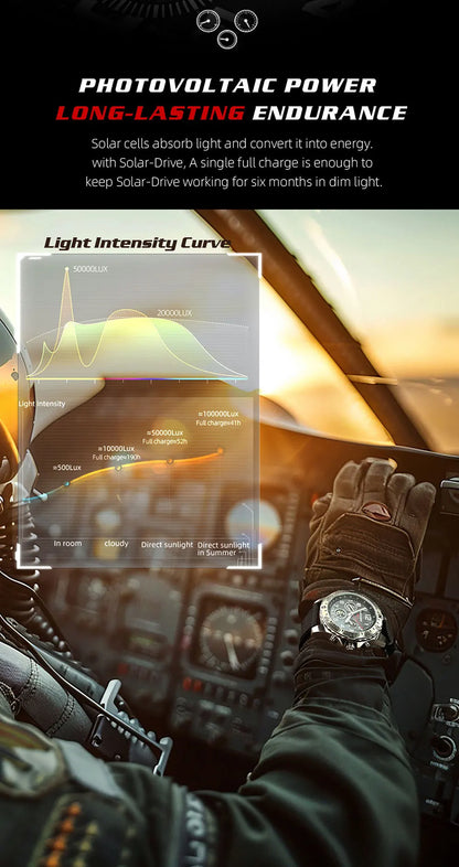 NORTH EDGE  Men's Watches Solar Power 316 stainless steel Case Quartz Watch For Men Pilot Waterproof 50M Stopwatch