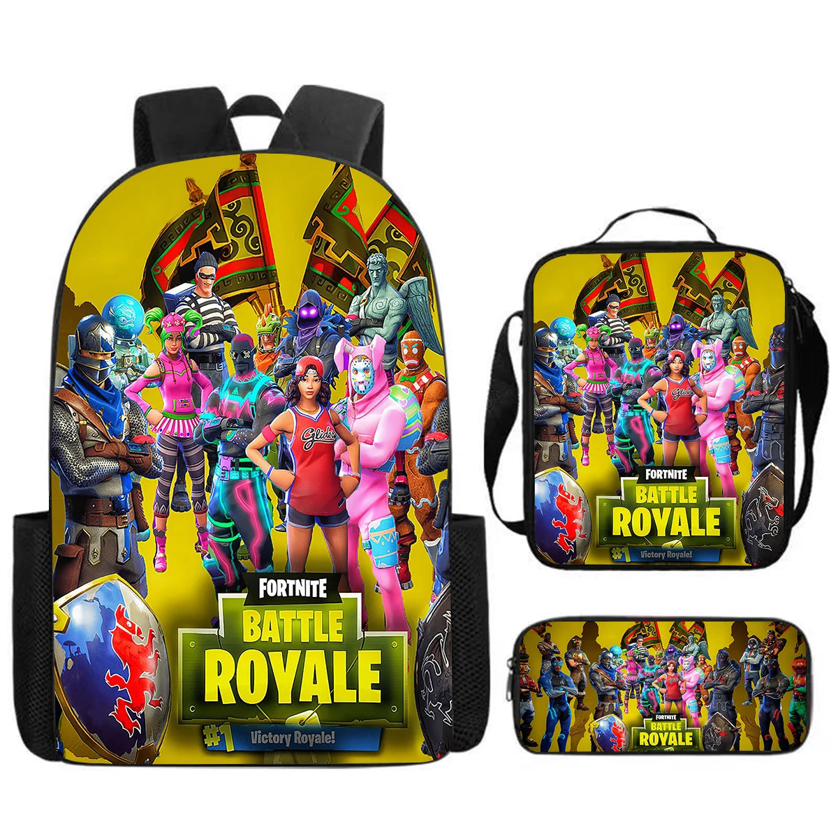 Fortnite Cartoon 3-teiliges Set, großes Fassungsvermögen, geeignet für Jungen und Mädchen von 5-8 Jahren, inklusive Rucksack, Lunchbag und Federmäppchen