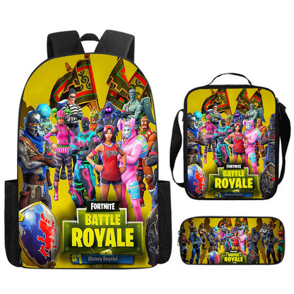 Fortnite Cartoon 3-teiliges Set, großes Fassungsvermögen, geeignet für Jungen und Mädchen von 5-8 Jahren, inklusive Rucksack, Lunchbag und Federmäppchen