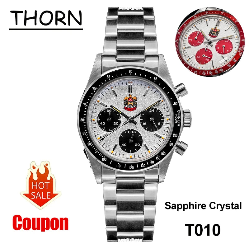 Thorn T010 37mm Quartz Watch VK63 Movement Men's Chronograph Watch Sapphire K9 Glass Luminous Waterproof Fashionable Retro Watch