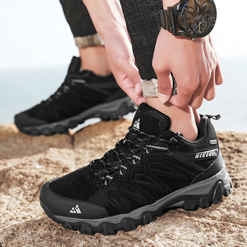 HIKEUP High-Quality Leather Hiking Shoes, Durable Outdoor Sport Men Trekking Leather Shoes, Lace-Up Climbing Hunting Sneakers