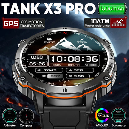2026 New Military TANK X3 Smartwatch für Herren, 1000mAh Akku, 10ATM wasserdicht zum Schwimmen, GPS-Route, 1.75" AMOLED HD, Anrufe, Sport-Smartwatch