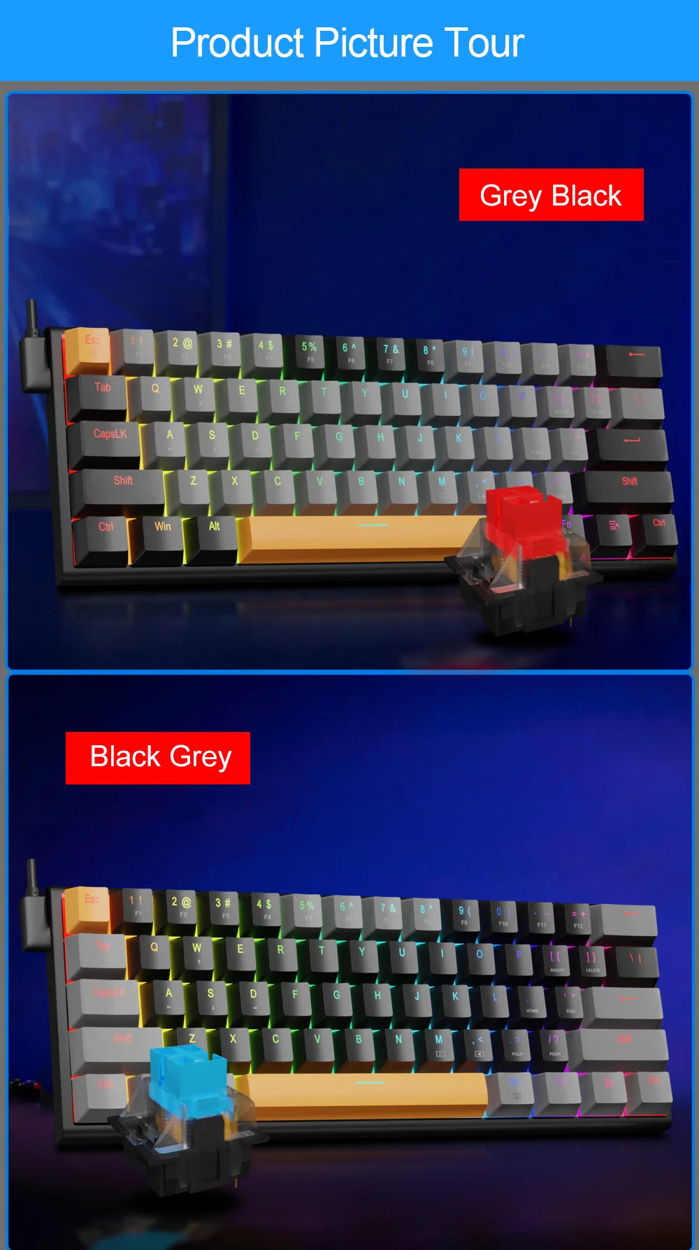 E-YOOSO Z11 RGB USB 60% Mini Mechanical Gaming Keyboard Blue Red Switch 61 Keys Wired Detachable Cable, Portable for Travel PC