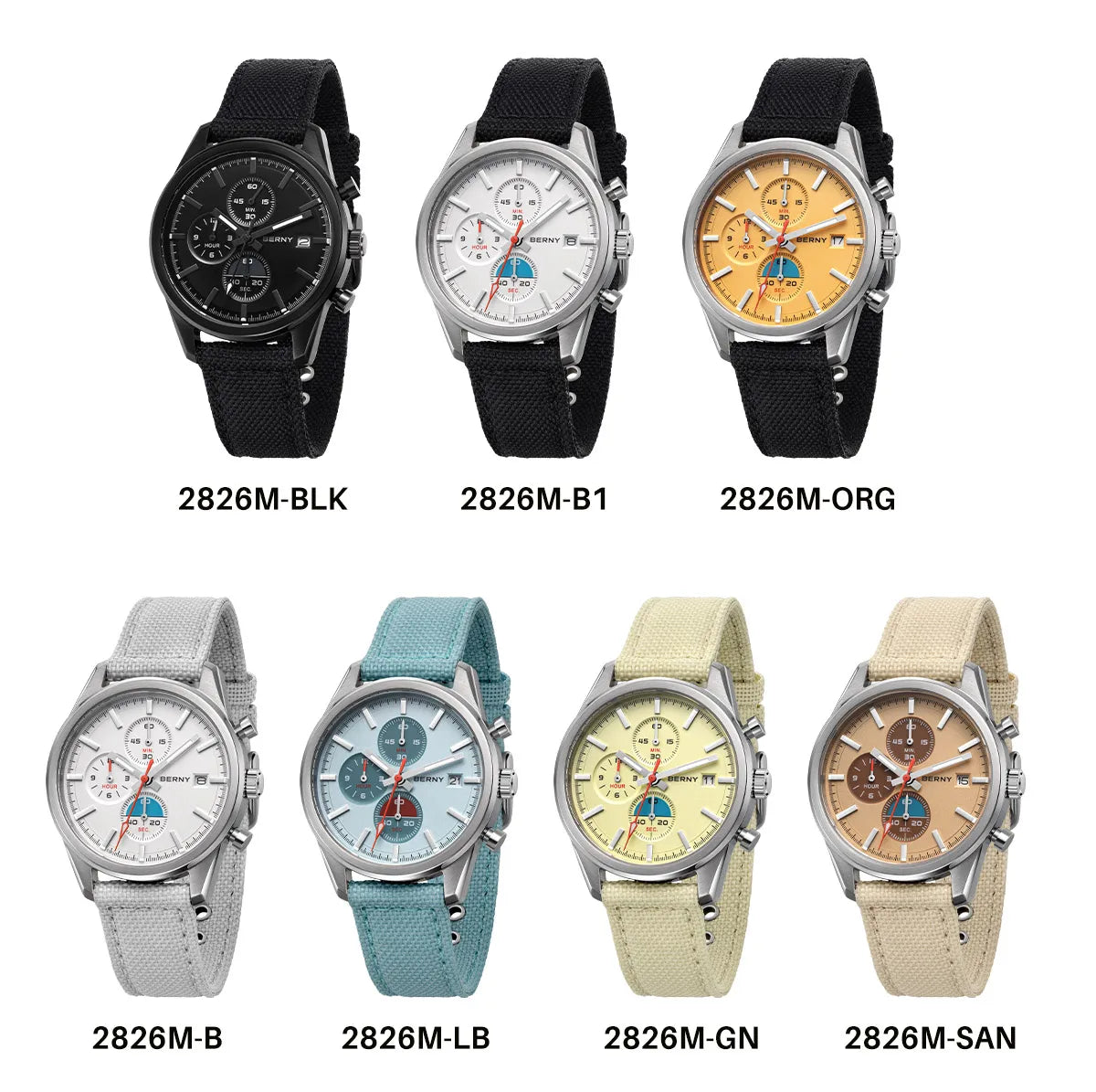 BERNY Chronograph Watch for Men/Women 37mm Dial Woven Fabric Sapphire AR Coated 5ATM Fashion Sport Calendar 316L Couple Watch