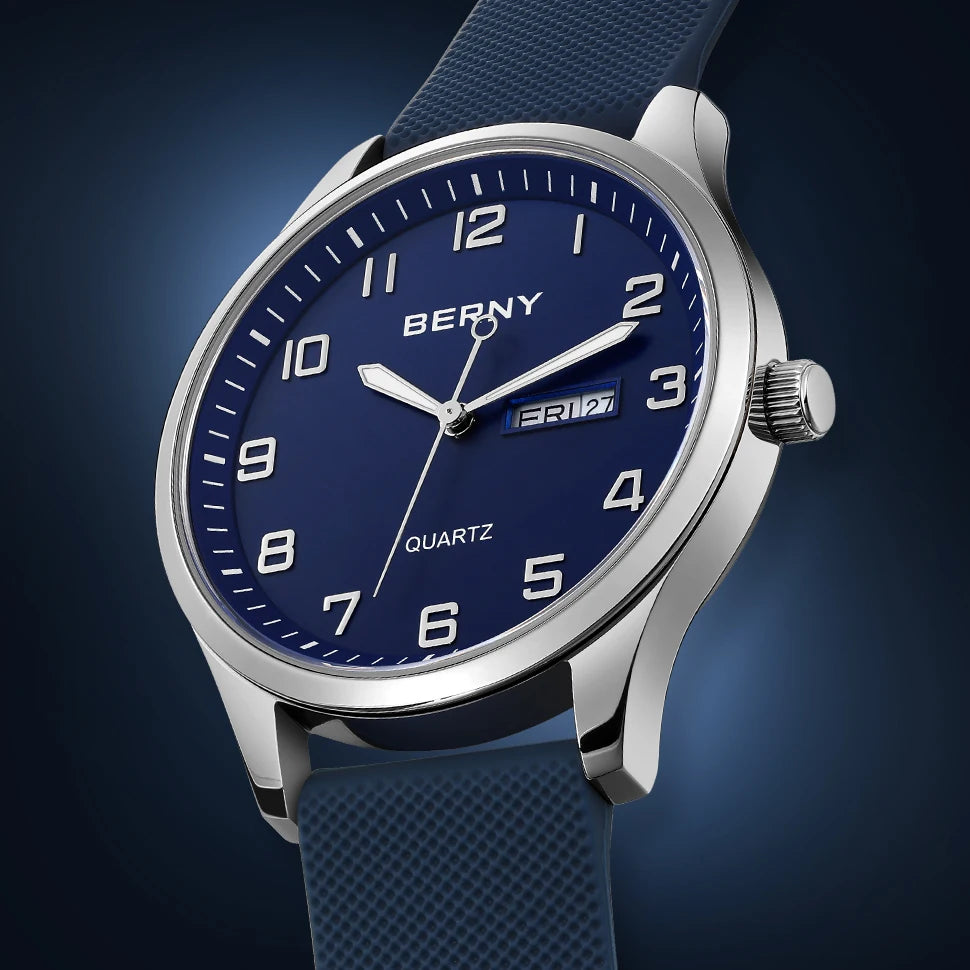 BERNY Men's Watches Luminous Calendar Week Quartz Men Watch Casual Soft Silicone Strap Easy Read Big Dial Sports Wristwatch