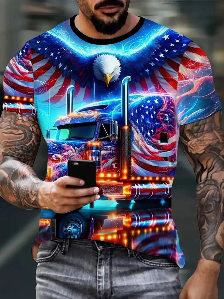 Patriotisches Herren-T-Shirt mit 3D-Adlerprint, lässiger Rundhalsausschnitt, kurzärmeliger Pullover für Sommermode und Outdoor-Aktivitäten, Herrenbekleidung