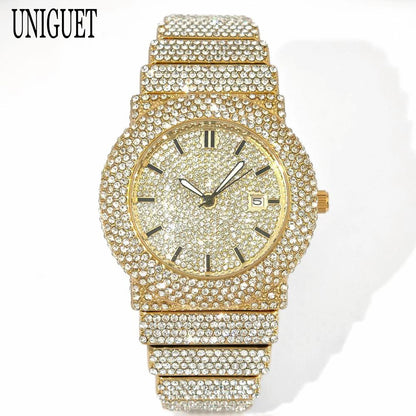 2025 UNIGUET Men's Fashion Iced Watches Luxury Hip Hop Full Diamond Jewelry Quartz Waterproof Business Wrist Watch for Men New