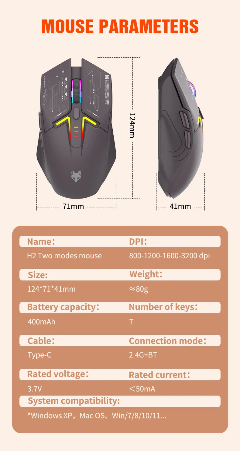Ratón XUNSVFOX H2 inalámbrico Bluetooth de doble modo con iluminación RGB, para portátil, gaming y oficina, con carga magnética