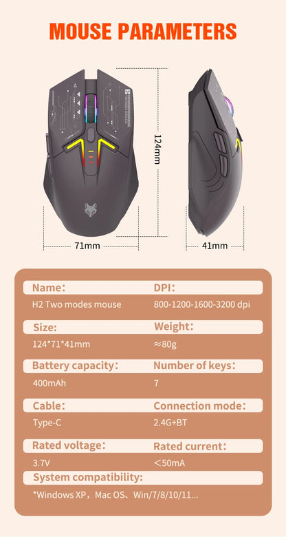 Ratón XUNSVFOX H2 inalámbrico Bluetooth de doble modo con iluminación RGB, para portátil, gaming y oficina, con carga magnética