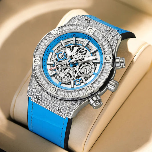 ONOLA Luxury Style Diamond Inlaid Men Quartz Watch Leather Strap Calendar Men Watch 30M Waterproof Men Clock