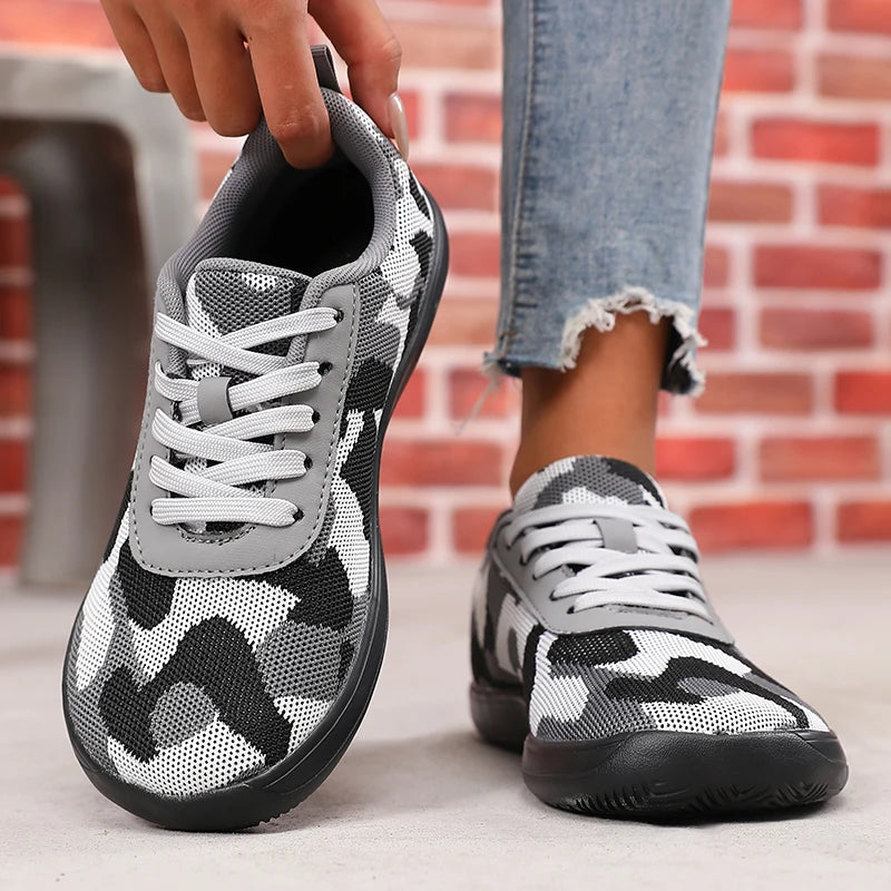 Camouflage-Damenschuhe mit breiter Zehenbox, atmungsaktivem Mesh und bequemer flacher Sohle – neue Barfußschuhe mit weicher Sohle, Damen-Sneaker