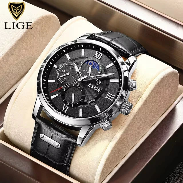 2025 New Men's Watches LIGE Top Brand Luxury Leather Casual Quartz Watch Men's Sport Waterproof Clock Watch Relogio Masculino+Box
