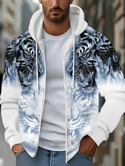 2025 Men's Long Sleeve Zip-up Tiger Graphic Hoodie Casual Outdoor Fashion Coat with Drawstring and Pockets Zip-up Hoodie for Men