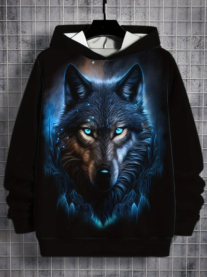 2025 Herren-Herbstmode: bequemes, weiches Kapuzen-Sportshirt mit Wolf-Print für Outdoor, City und Streetwear