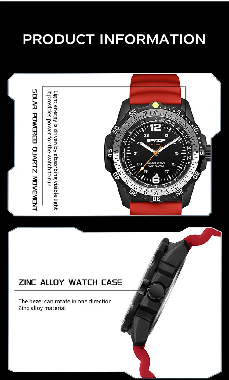 SANDA Luxury Men's Solar-powered Watch Creative Quartz Dial Luminous Hands Waterproof Sport Student Wristwatch Innovative Design