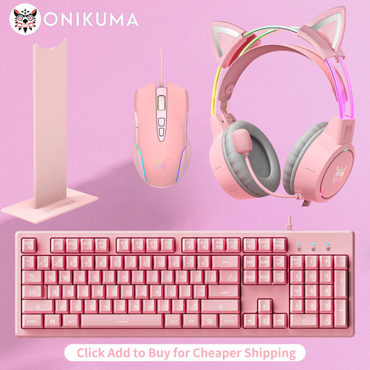ONIKUMA RGB Gaming Headset Bundle with Gaming Mouse, Keyboard & Headset Stand – Professional Wired Gaming Headphones with Microphone, Detachable Cat Ears, Esports Gaming Accessories Kit