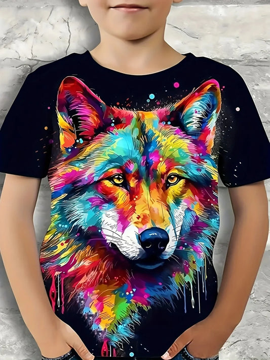 Children's T-Shirt Cool Wolf Pattern Boys' Short Sleeve Tee Summer New Round Neck Children's T-Shirt Fashion Children's Clothing