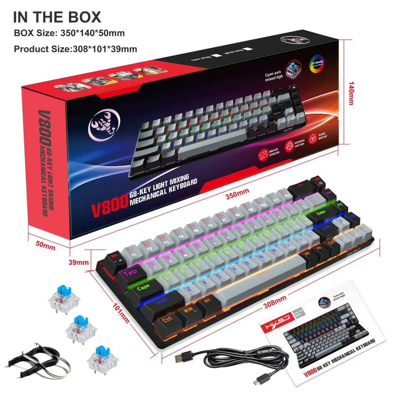 Teclado mecánico gaming 60% USB con teclas blancas, mini teclado gamer ergonómico para ordenador con retroiluminación y música