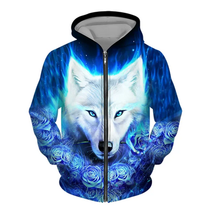 3D Wolf Print Men's Zipper Hoodies Fashion Animal Pattern Top Coat Street Punk Style Oversized Sweatshirts Outdoor Leisure Jackets