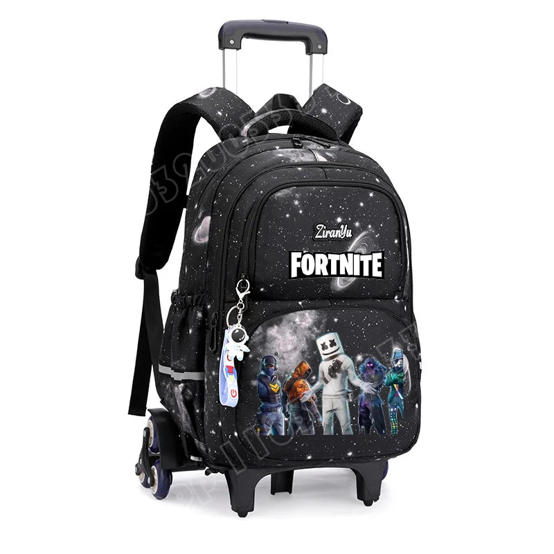 Fortnite-Trolleytasche – leichtes Treppensteigen, Anime-Design, wasserfester Rucksack mit Rollen, großes Fassungsvermögen, Schultasche für Schüler, lässige Reisetasche