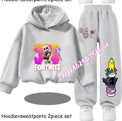 Fortnite-bedruckte Kinder-Hoodies, Cartoon-Design, bequemes 2-teiliges Set, locker sitzende Langarm-Oberteile mit Hose, Herbst-/Winterkleidung, Geschenk