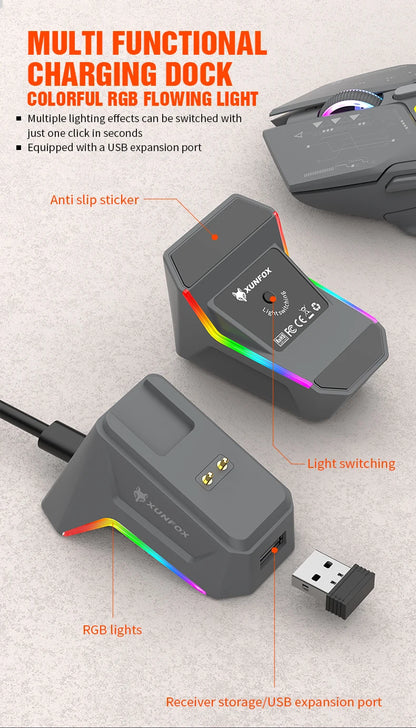 Ratón XUNSVFOX H2 inalámbrico Bluetooth de doble modo con iluminación RGB, para portátil, gaming y oficina, con carga magnética